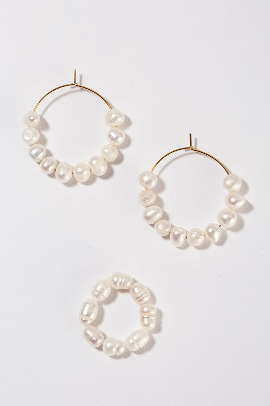 Pearl Hoop Ring and Earring Set